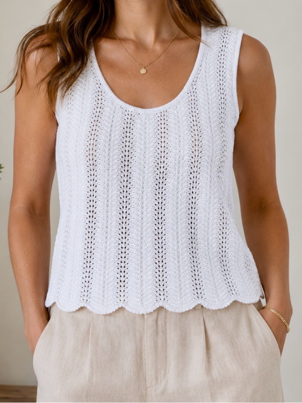 Ann Taylor Women’s White Open-Knit Pointelle Scoop Neck Cotton Tank Size M